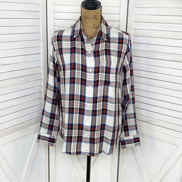 Levi’s Tartan Plaid Boyfriend Fit Button Front Shirt White Red XS - Picture 1 of 15